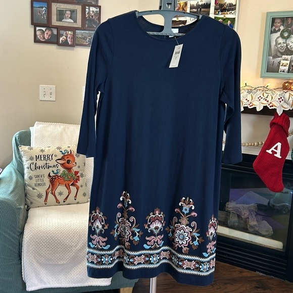 J. Jill Floral Embroidered Navy Shift Dress 3/4 Sleeve Woman’s Size MP NWT - Picture 1 of 17